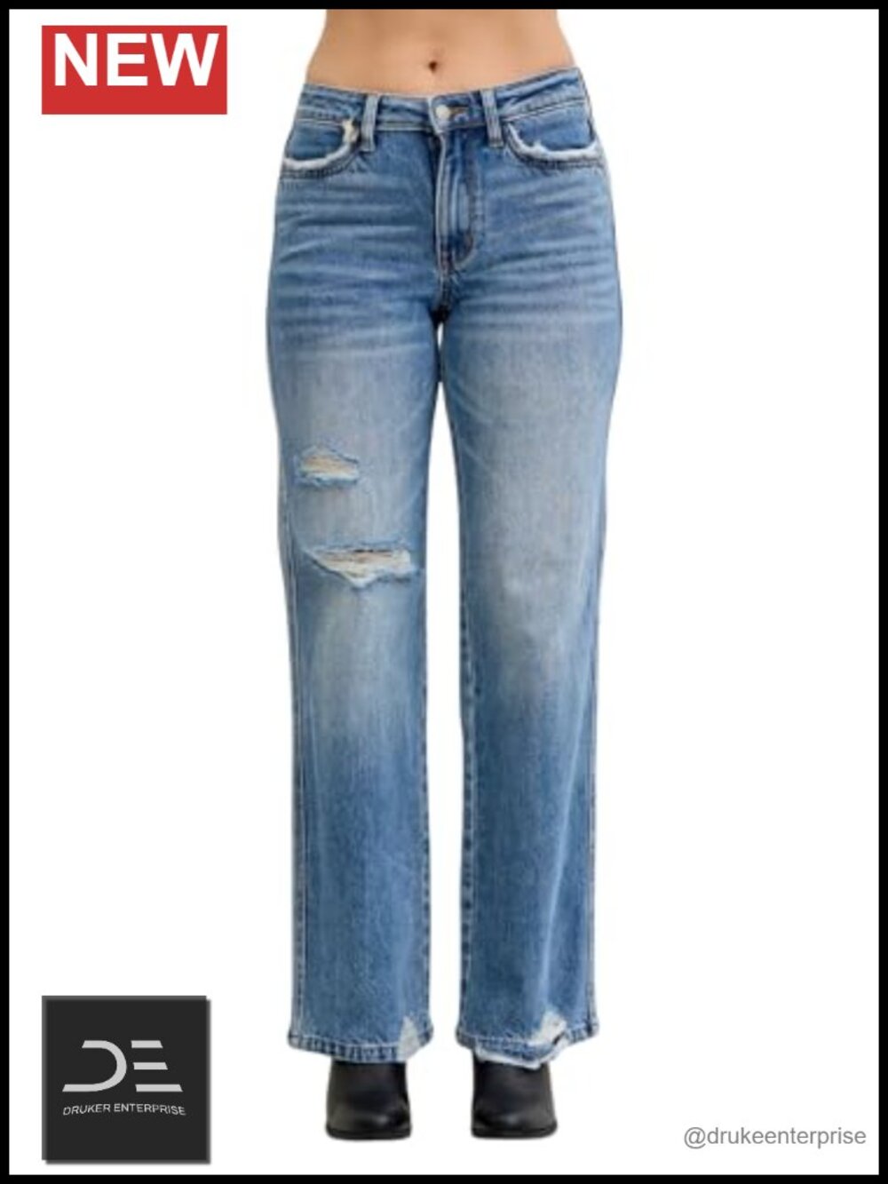 Ripped Knee Straight Leg Rigid Denim Jeans 32" Inseam